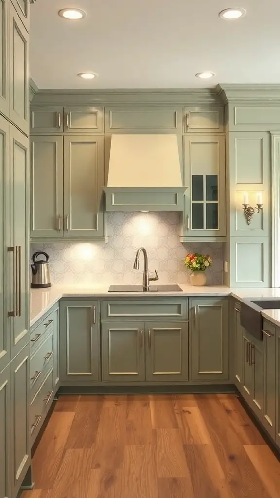 29 Stunning Sage Green Kitchen Cabinet Ideas for a Fresh Look 2 A modern kitchen featuring sage green cabinets, light countertops, and wooden flooring.