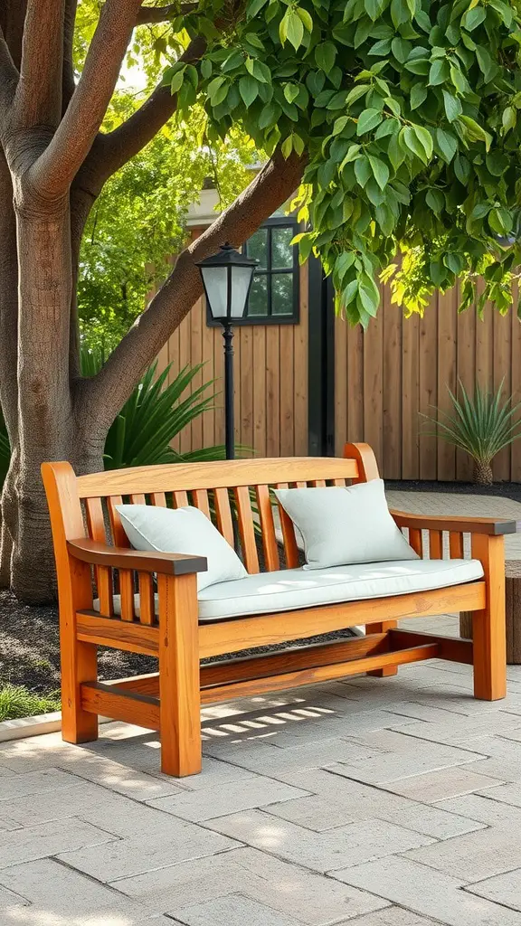 29 Affordable DIY Patio Furniture Ideas for Your Outdoor Space 13 A treated wooden bench with light cushions under a tree