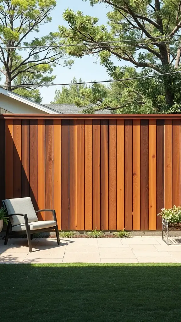 27 Affordable DIY Fence Ideas to Transform Your Yard 22 A treated wooden fence with rich brown tones, accompanied by a chair and greenery in a patio setting.