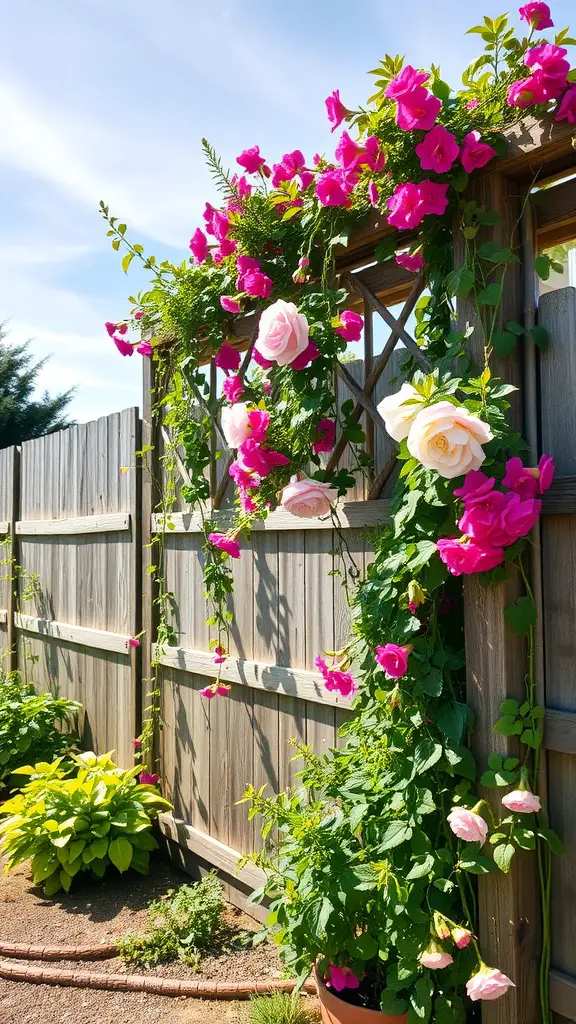 27 Affordable DIY Fence Ideas to Transform Your Yard 21 A wooden trellis fence covered with climbing roses and vibrant pink flowers against a blue sky.