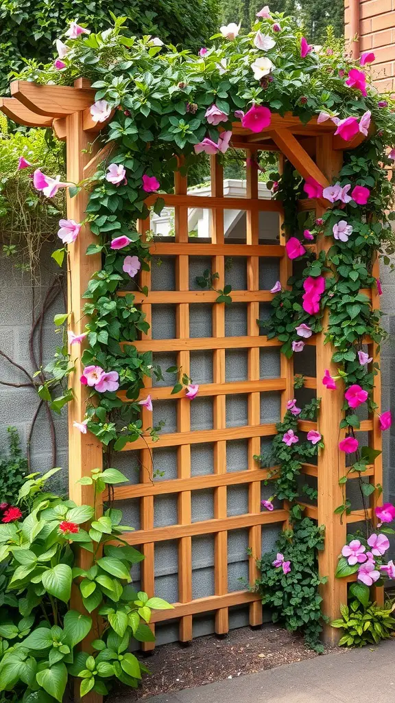 23 Creative Corner Garden Ideas for Your Backyard 9 A wooden trellis covered with climbing vines and colorful flowers in a garden.