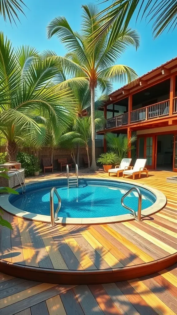 17 Stunning Above Ground Pool Deck Ideas You'll Love 17 A tropical-inspired bamboo deck surrounding a circular above-ground pool, with palm trees and loungers.