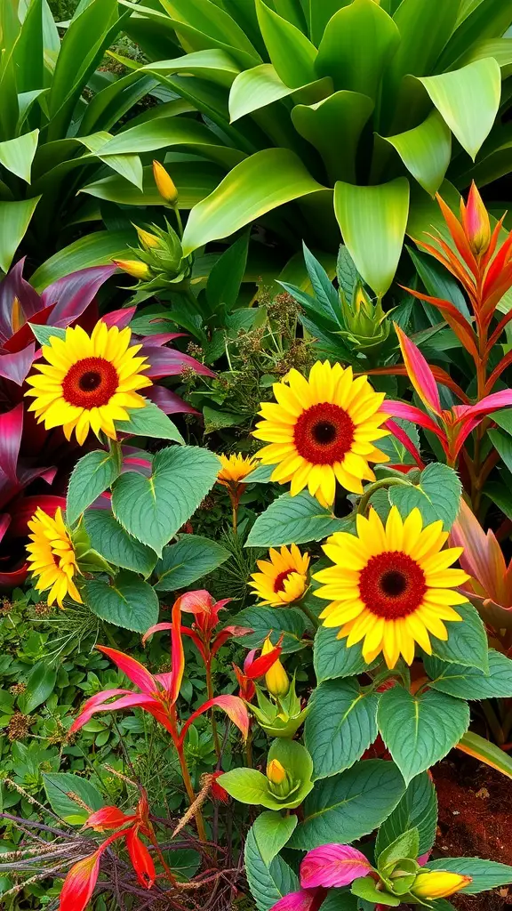 19 Stunning Flower Bed Ideas for Full Sun Gardens 12 Tropical-themed sunflower bed featuring bright yellow sunflowers and lush green foliage.