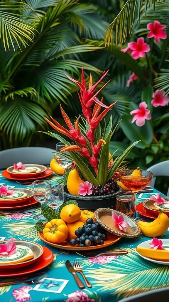 19 Stunning Summer Tablescape Ideas to Elevate Your Outdoor Dining 2 A vibrant tropical-themed tablescape with a blue tablecloth, bright flowers, fruits, and colorful plates.