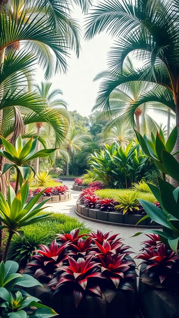 17 Creative Curved Flower Bed Ideas to Enhance Your Garden 2 Curved flower beds filled with tropical plants, featuring lush green leaves and striking red foliage.