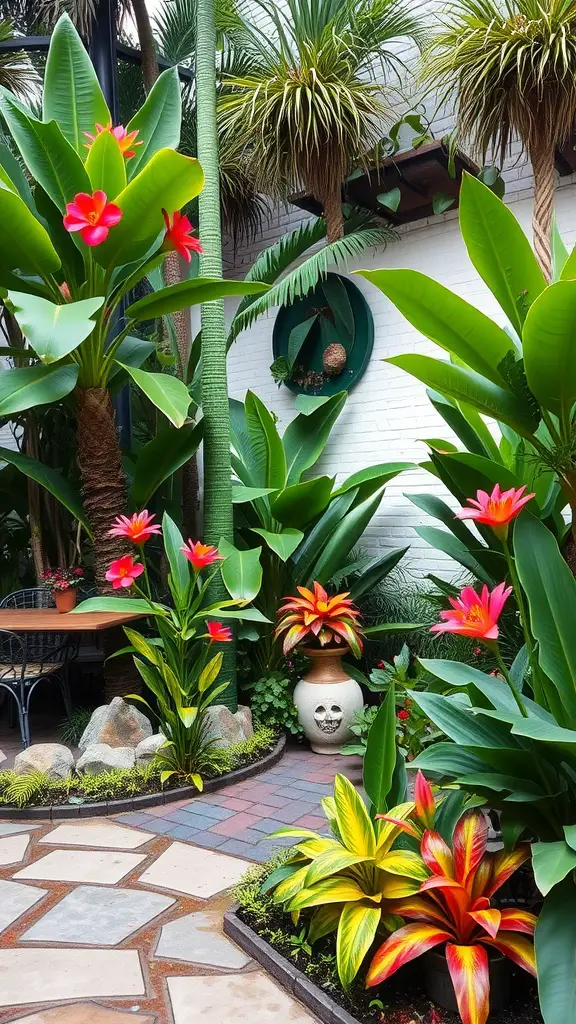 27 Creative Small Garden Plans for Limited Spaces 19 A tropical small garden with vibrant flowers, lush plants, and a cozy seating area.