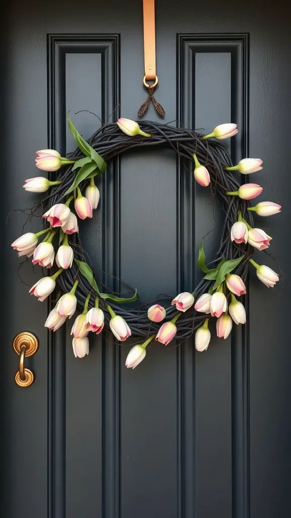 15 Beautiful DIY Spring Wreaths for Your Front Door 9 A wreath made of pink and white tulips on a dark door