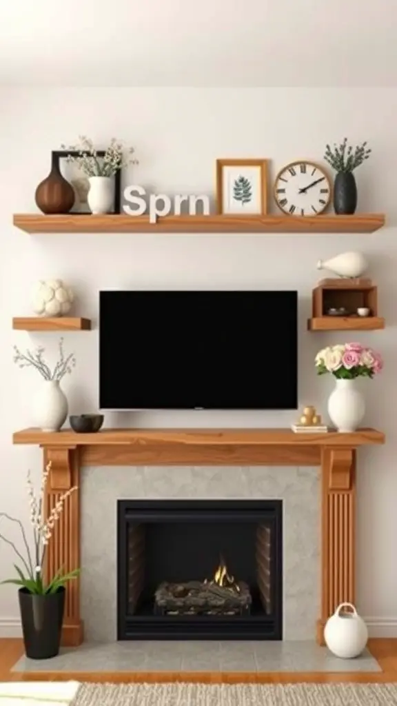 17 Charming Spring Fireplace Decor Ideas with TV Integration 17 A stylish living room with a fireplace framed by wooden shelves displaying decorative items and a TV above.