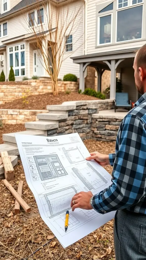 A person examining plans for a retaining wall in front of a house.