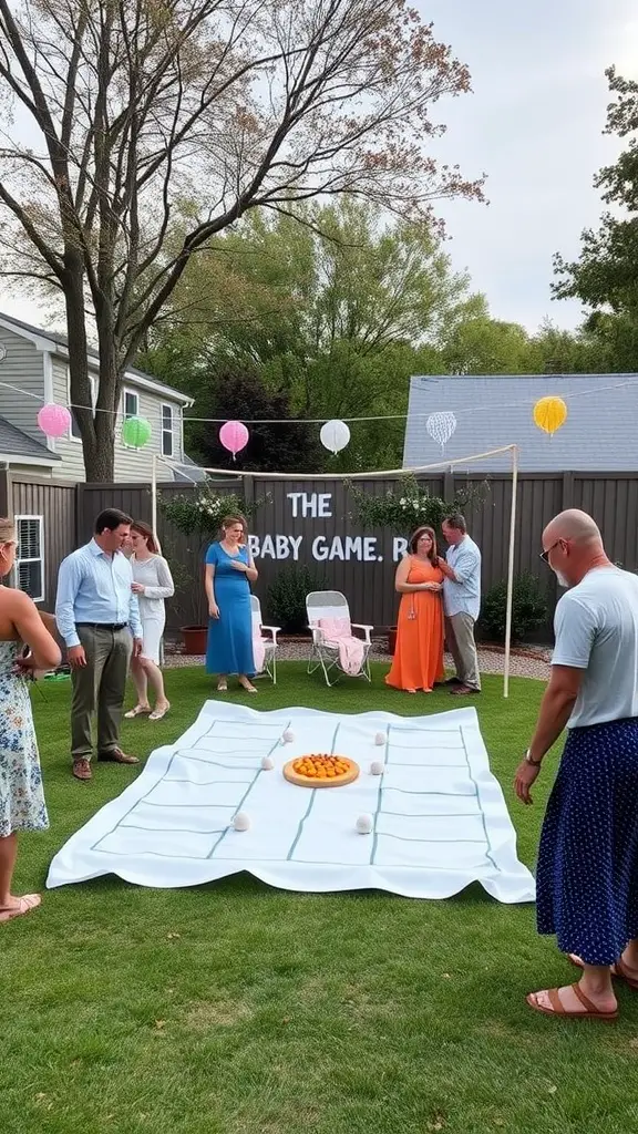 19 Creative Backyard Baby Shower Ideas You’ll Love 17 Guests enjoying a unique baby shower game in a backyard setting.