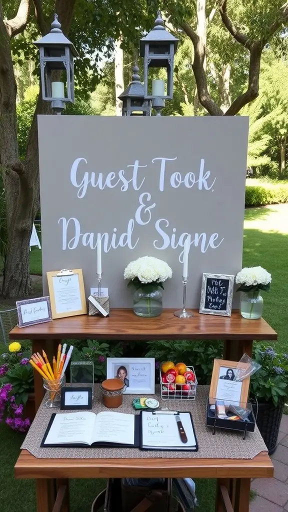 19 Creative Backyard Baby Shower Ideas You’ll Love 14 A guest book station for a backyard baby shower with a sign, flowers, candles, and colorful pens.