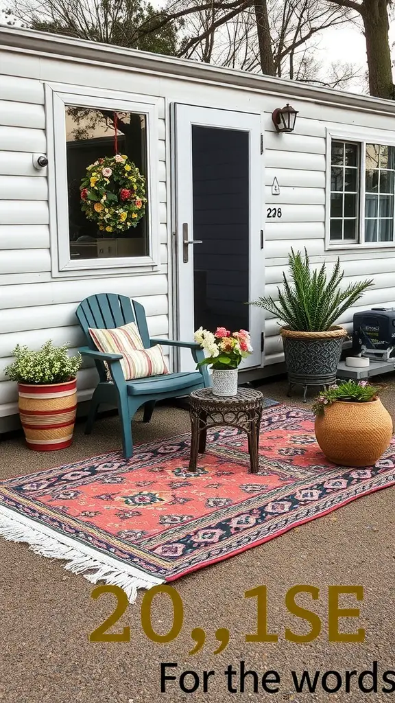21 Creative Outdoor Ideas for Your Mobile Home 16 A cozy outdoor setup featuring a vibrant rug in front of a mobile home, along with a chair and plants.