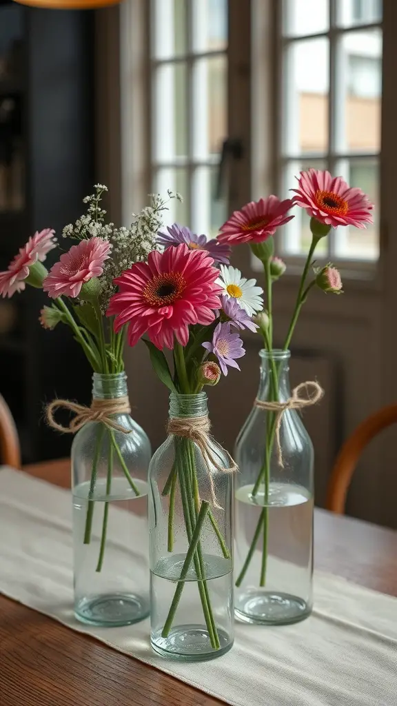 21 Creative Mother's Day Decor Ideas to Celebrate Mom 17 An arrangement of upcycled decorative bottles with fresh flowers on a wooden table
