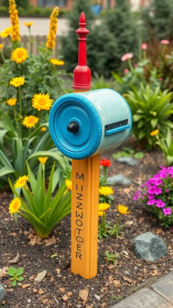 21 Creative DIY Mailbox Post Ideas for a Unique Curb Appeal 22 An upcycled tire mailbox post, featuring a blue tire, yellow post, and red finial, surrounded by colorful flowers.