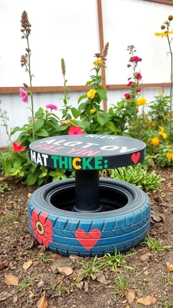 29 Affordable DIY Patio Furniture Ideas for Your Outdoor Space 31 An upcycled tire table with colorful floral designs, placed among flowers in a garden.