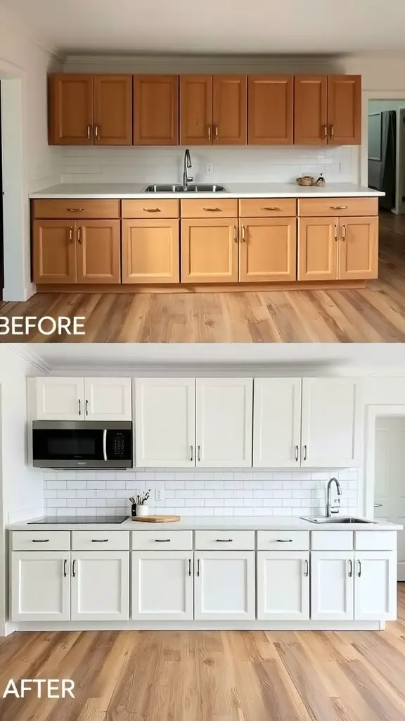 29 Stunning Kitchen Makeover Ideas for a Fresh Look 7 Before and after images of a kitchen cabinet makeover, showing a transition from wooden cabinets to white ones.