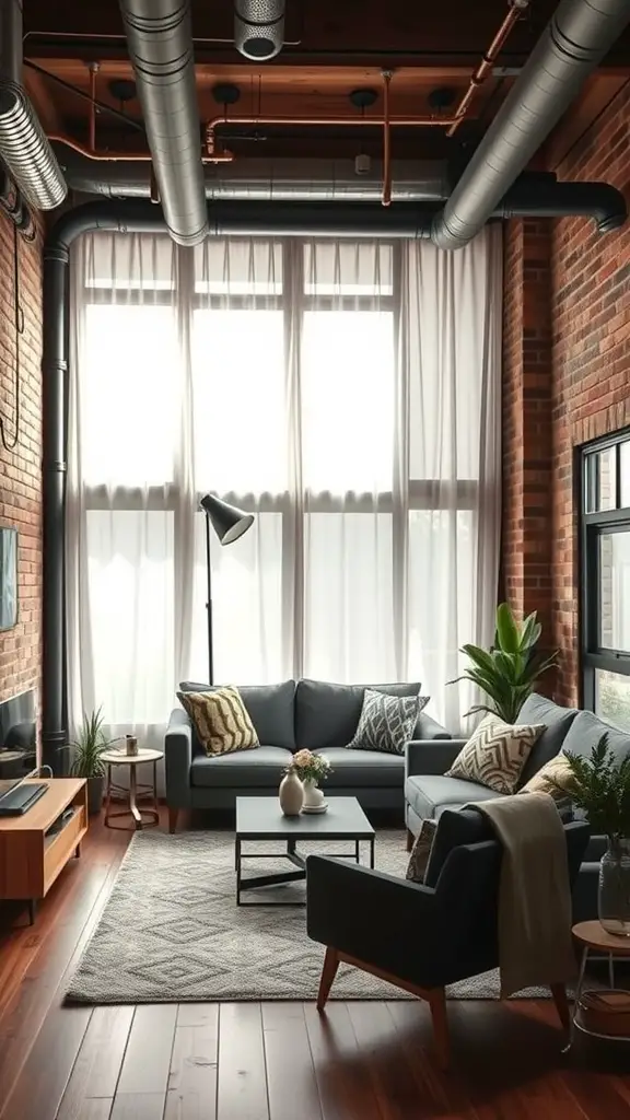 17 Inspiring Mobile Home Living Room Ideas to Transform Your Space 15 Living room with industrial decor featuring exposed brick walls, gray sofas, and large windows