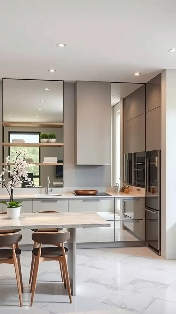 29 Stunning Kitchen Makeover Ideas for a Fresh Look 22 Modern kitchen with a large mirror reflecting the space and natural light