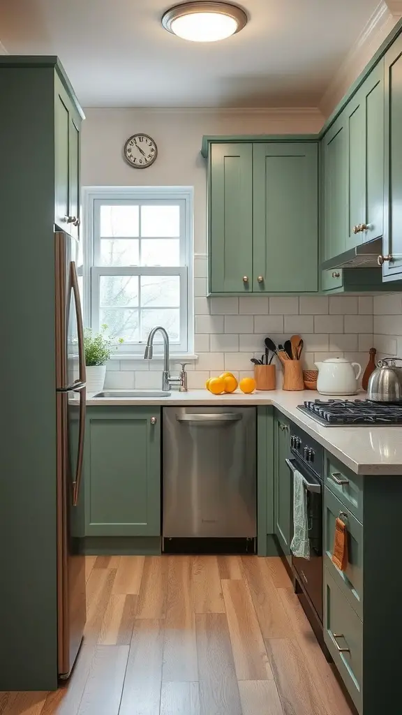 29 Stunning Sage Green Kitchen Cabinet Ideas for a Fresh Look 11 Small kitchen featuring sage green cabinets, white subway tiles, and wooden flooring.