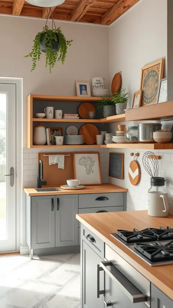 29 Stunning Kitchen Makeover Ideas for a Fresh Look 24 A cozy kitchen with open shelves, a plant hanging from the ceiling, and a well-organized counter space.