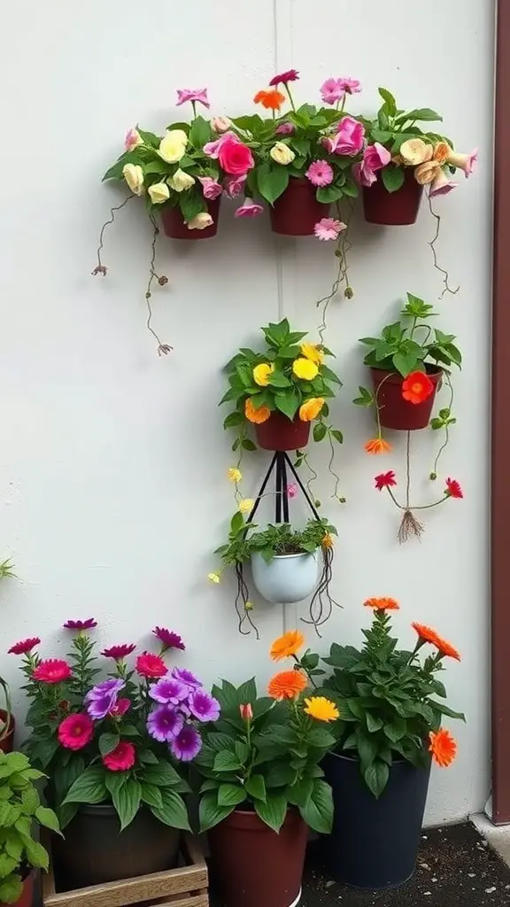 21 Beautiful Small Flower Bed Ideas for a Stunning Garden 10 A vertical flower bed display with colorful flowers in pots hanging on a wall and standing in planters.