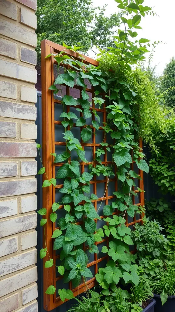 21 Creative Cinder Block Garden Ideas for Your Outdoor Space 12 A vertical garden featuring a wooden trellis covered with climbing green plants.