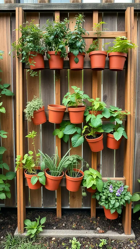 27 Creative Small Garden Plans for Limited Spaces 17 A vertical herb garden with terracotta pots arranged on a wooden frame.
