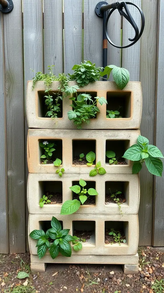 21 Creative Cinder Block Garden Ideas for Your Outdoor Space 10 Vertical herb garden made with stacked cinder blocks filled with various herbs