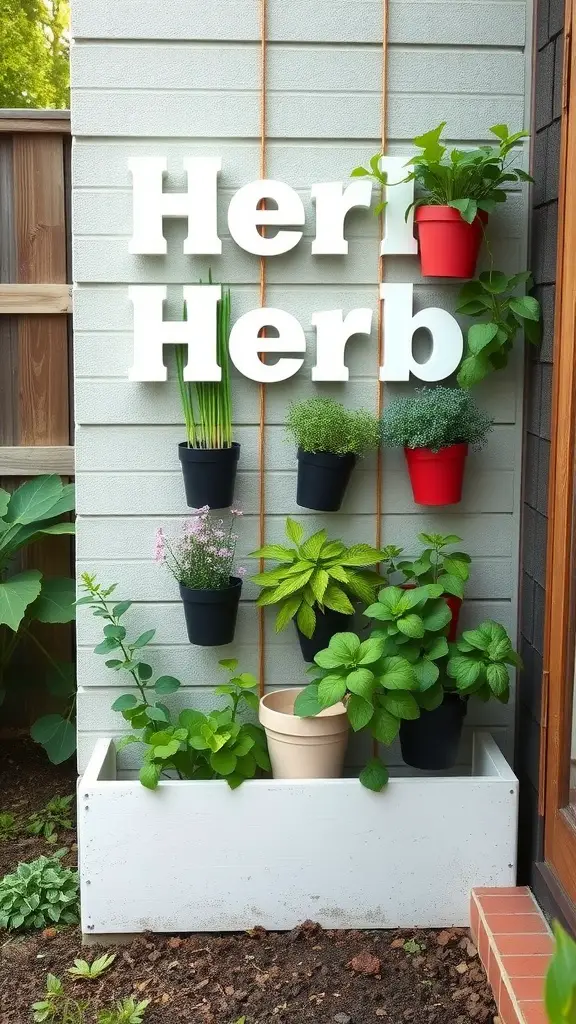 23 Creative Corner Garden Ideas for Your Backyard 5 Vertical herb garden with colorful pots on a wall, featuring various herbs like basil and mint.