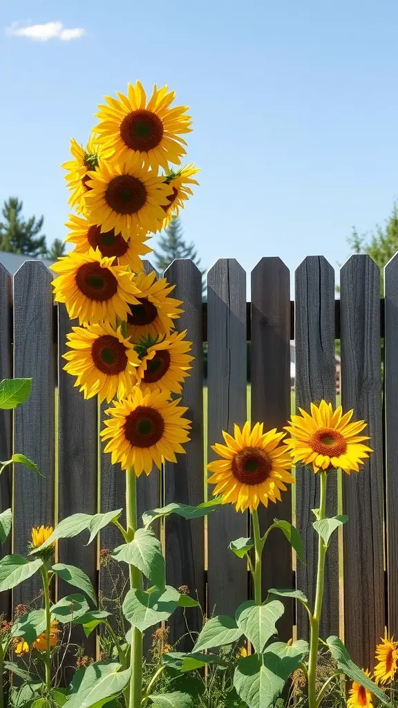 19 Stunning Flower Bed Ideas for Full Sun Gardens 7 A tall vertical arrangement of sunflowers blooming against a wooden fence.