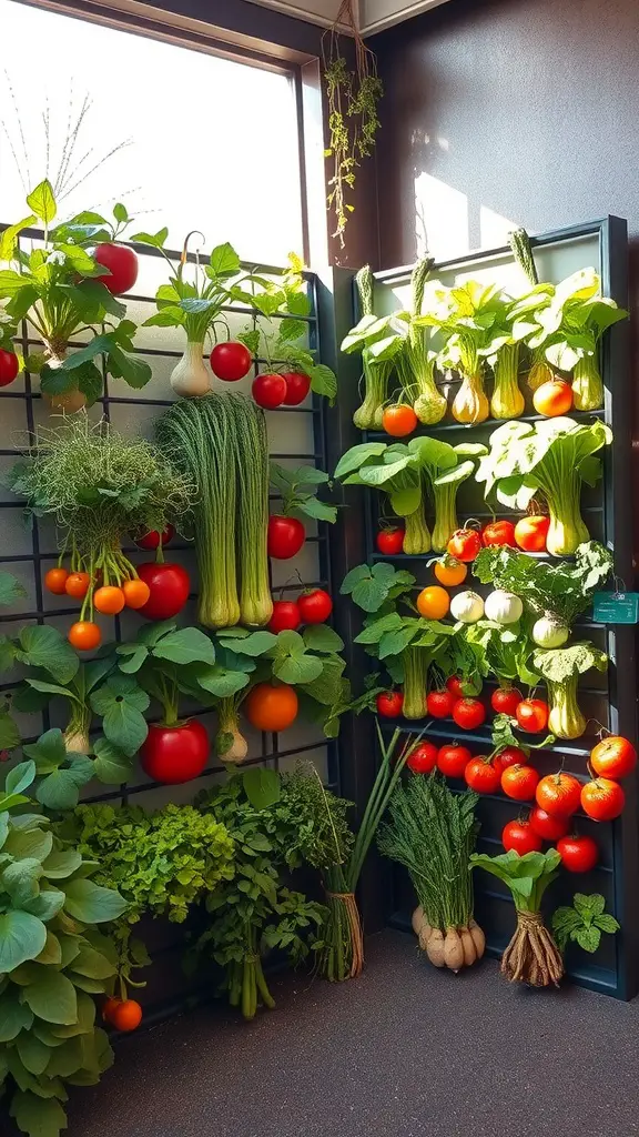 27 Creative Small Garden Plans for Limited Spaces 2 A colorful vertical vegetable garden with tomatoes, peppers, and herbs growing on shelves