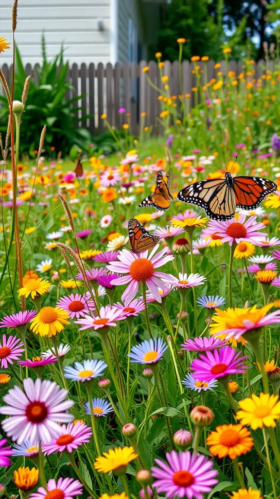 17 Creative Grass Alternative Backyard Ideas for a Stunning Outdoor Space 10 A colorful flower meadow filled with various flowers and butterflies.