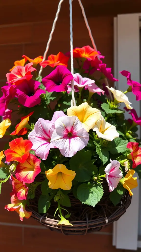 19 Stunning Container Plants for Full Sun Gardens 2 Hanging basket filled with vibrant petunias in various colors including pink, orange, yellow, and white.