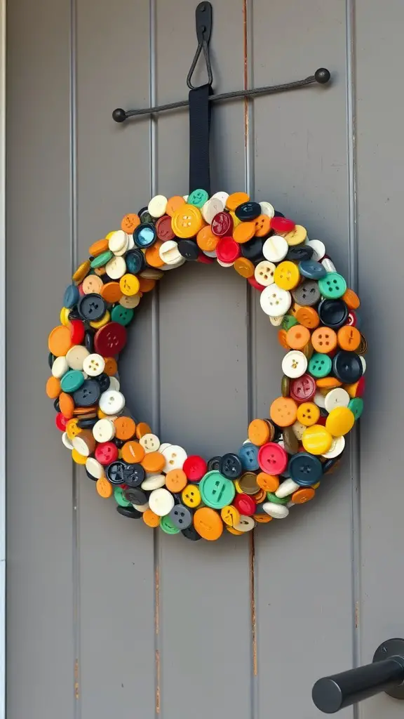 15 Beautiful DIY Spring Wreaths for Your Front Door 15 A colorful vintage button wreath hanging on a gray door.