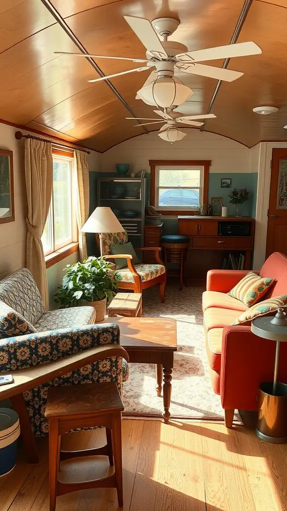 17 Inspiring Mobile Home Living Room Ideas to Transform Your Space 9 Cozy living room featuring a mix of vintage furniture styles, a blue floral couch, a red sofa, and a wooden coffee table.