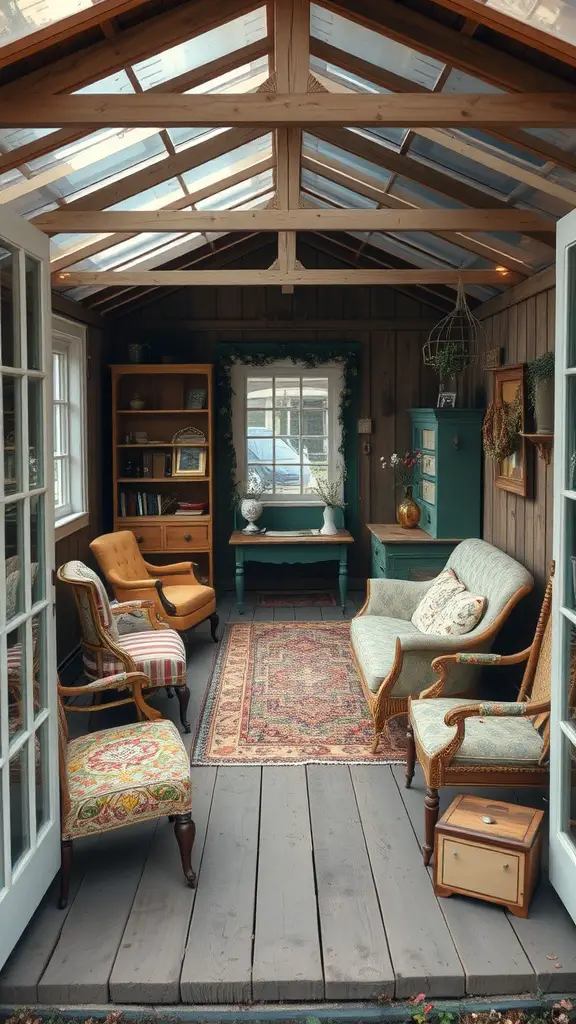 27 Stunning Garden Shed Interiors to Inspire Your Outdoor Space 12 Interior of a vintage-style garden shed with various furniture pieces including chairs, a rug, and shelves.