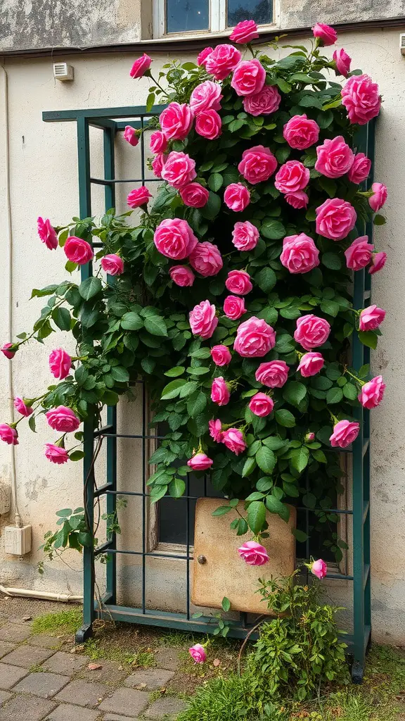 27 Charming Farmhouse Garden Ideas to Enhance Your Outdoor Space 4 A vintage garden trellis adorned with vibrant pink roses, set against a wall.