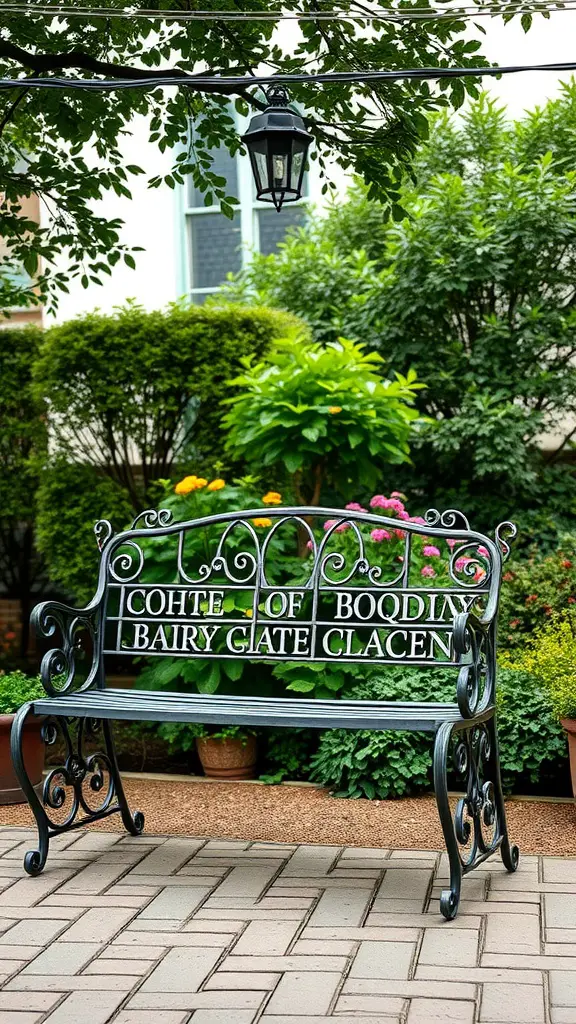 25 Creative Garden Bench Ideas to Enhance Your Outdoor Space 7 A vintage-style metal bench with intricate designs, set in a lush garden.