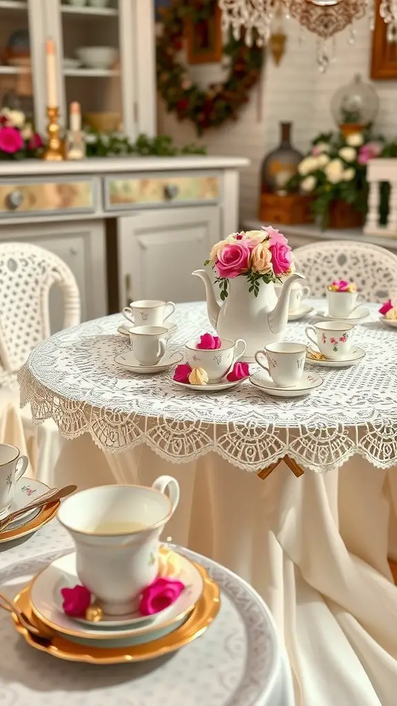 19 Stunning Summer Tablescape Ideas to Elevate Your Outdoor Dining 5 A beautifully set vintage tea party table featuring lace, fine china, and pastel roses.