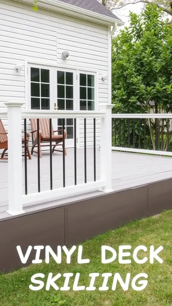 19 Creative Deck Skirting Ideas for Your Outdoor Space 7 Image showing a deck with vinyl skirting and a railing.