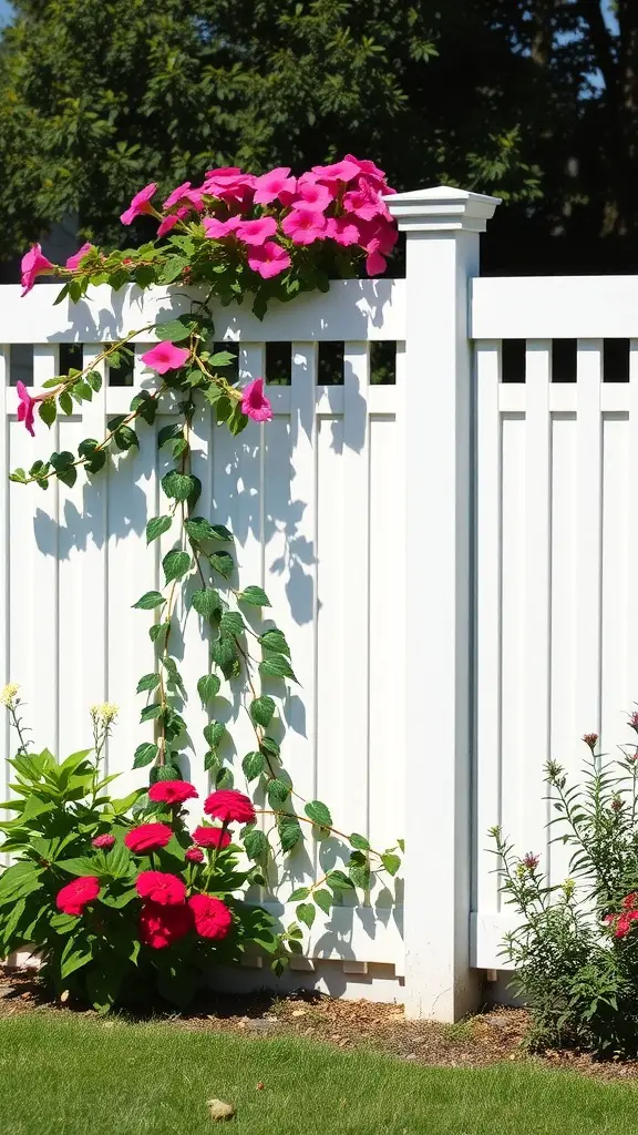 27 Affordable DIY Fence Ideas to Transform Your Yard 8 A white vinyl lattice fence with vibrant pink flowers climbing on it and colorful flowers in front.
