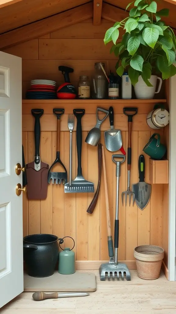 23 Stylish Potting Shed Interior Ideas for a Modern Touch 25 Wall-mounted tool storage in a potting shed, featuring various gardening tools and a small plant.