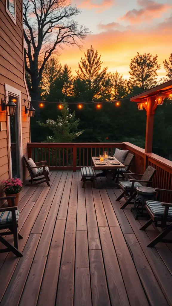 15 Stunning Deck Stain Colors to Transform Your Outdoor Space 12 A cozy deck stained in warm honey color, with chairs and a table, glowing under string lights at sunset.
