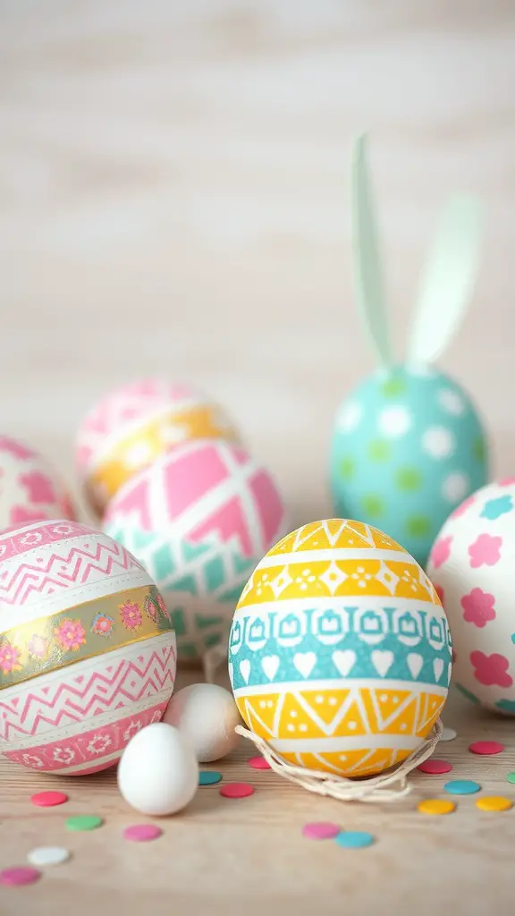 Colorful washi tape decorated Easter eggs in various patterns.