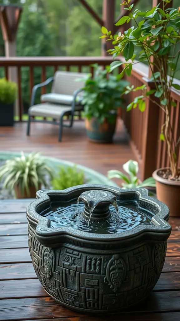 15 Inspiring Outdoor Deck Decorating Ideas to Transform Your Space 9 A decorative water fountain on a wooden deck surrounded by plants and furniture.