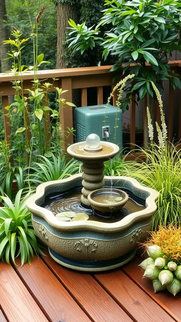 19 Charming Back Deck Decorating Ideas for a Cozy Outdoor Space 17 A decorative fountain surrounded by greenery on a back deck