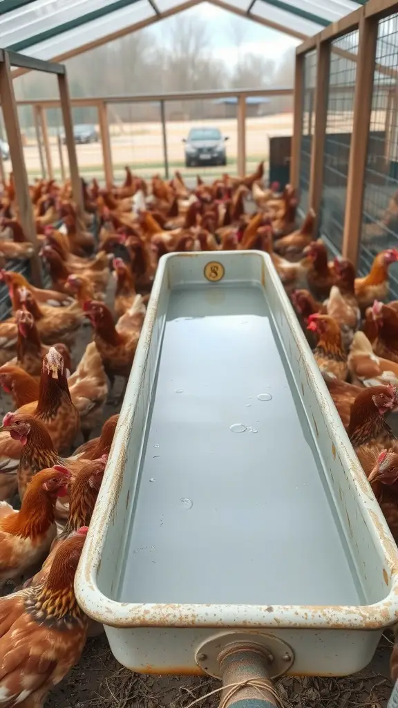17 Creative DIY Chicken Waterer Ideas for Your Coop 4 A water trough filled with clear water surrounded by chickens in a spacious enclosure.