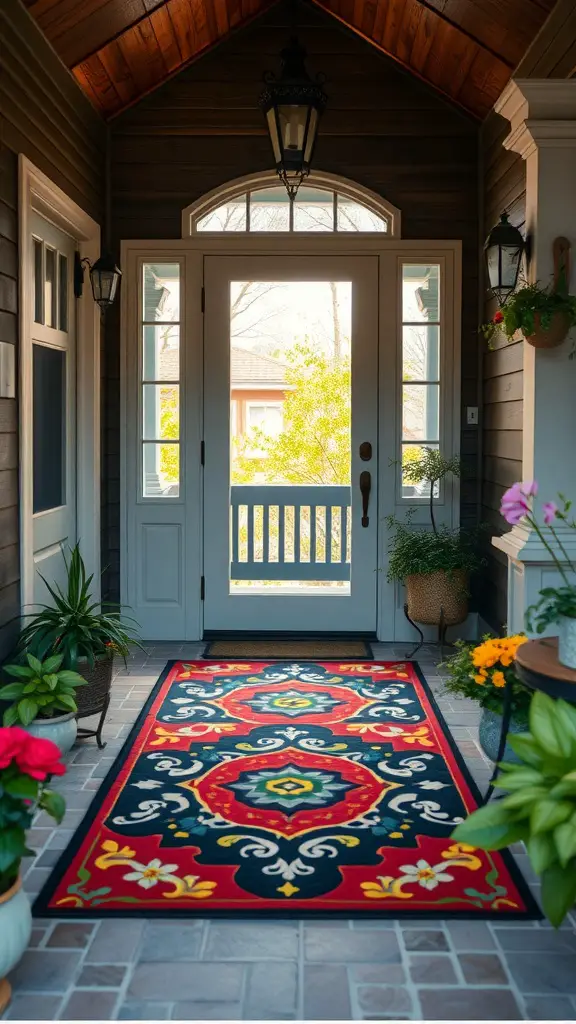 19 Inspiring Front Patio Decorating Ideas to Elevate Your Outdoor Space 2 A colorful patterned rug placed at the entrance of a house, surrounded by plants and a welcoming atmosphere.