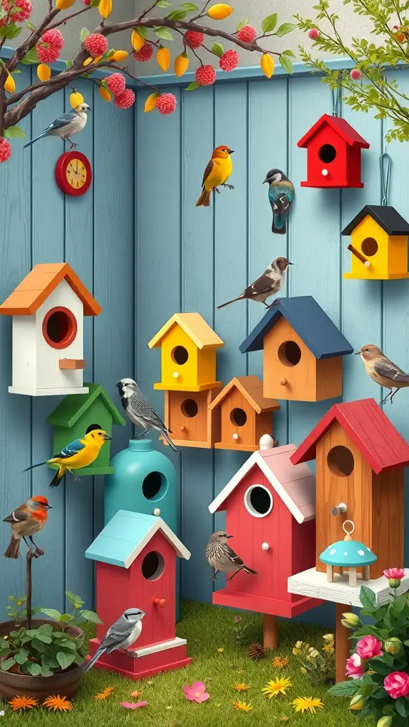 23 Creative Corner Garden Ideas for Your Backyard 12 A colorful display of birdhouses on a blue wall, surrounded by birds and plants
