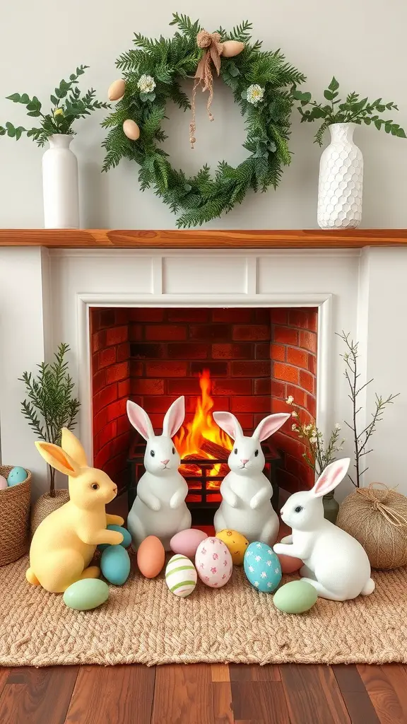 17 Charming Spring Fireplace Decor Ideas with TV Integration 18 A cozy fireplace decorated for Easter with bunnies and colorful eggs